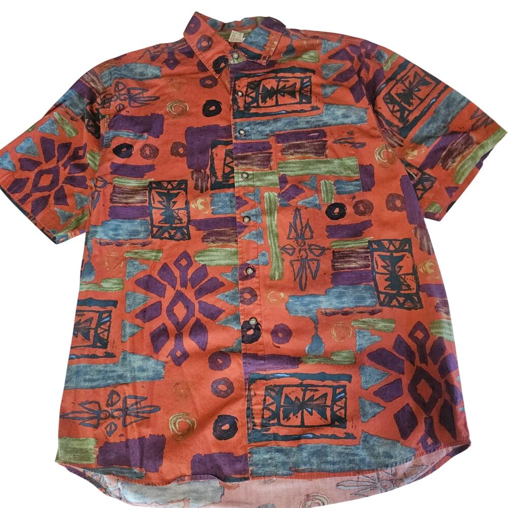 Vintage 90s The Territory Ahead Abstract Tribal Camp Cotton Button Shirt L 4170